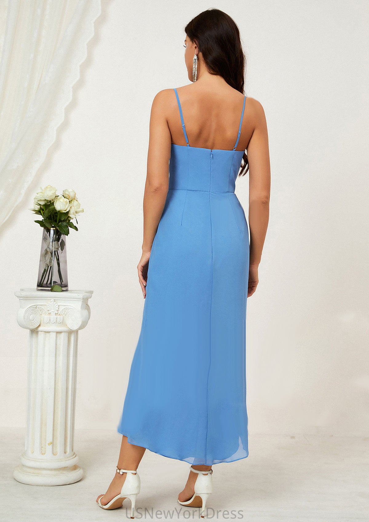 Sheath/Column Sweetheart Sleeveless Chiffon Asymmetrical Bridesmaid Dresses With Pleated Split Aiyana DJP0025359