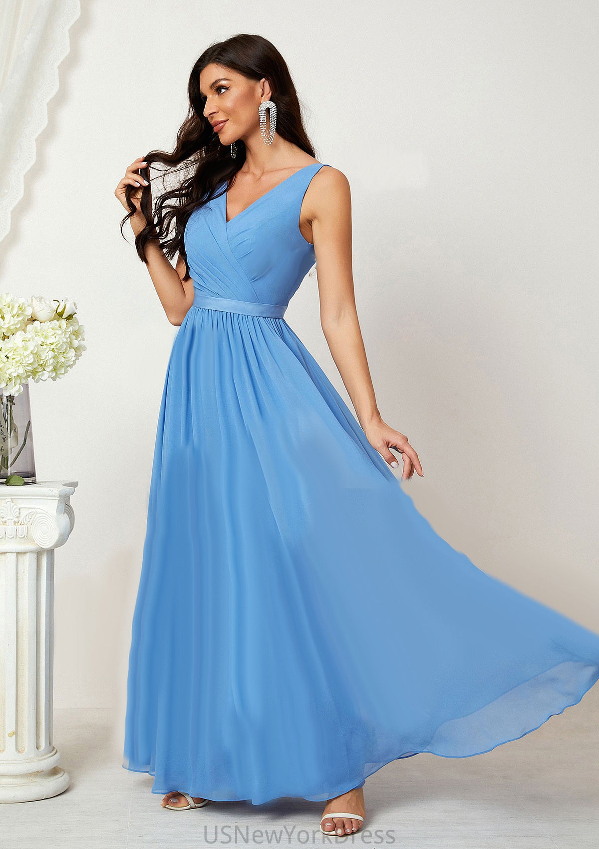 A-line V Neck Sleeveless Chiffon Long/Floor-Length Bridesmaid Dresses With Pleated Selina DJP0025360