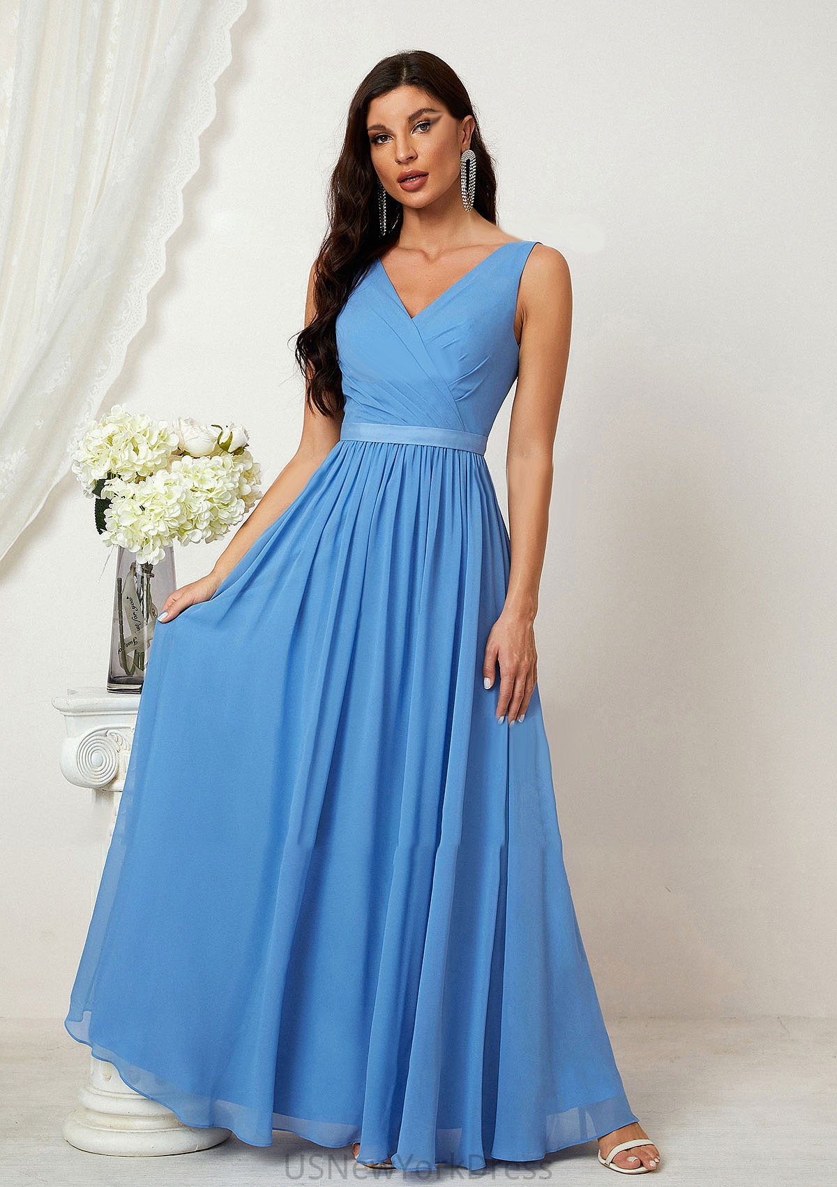 A-line V Neck Sleeveless Chiffon Long/Floor-Length Bridesmaid Dresses With Pleated Selina DJP0025360