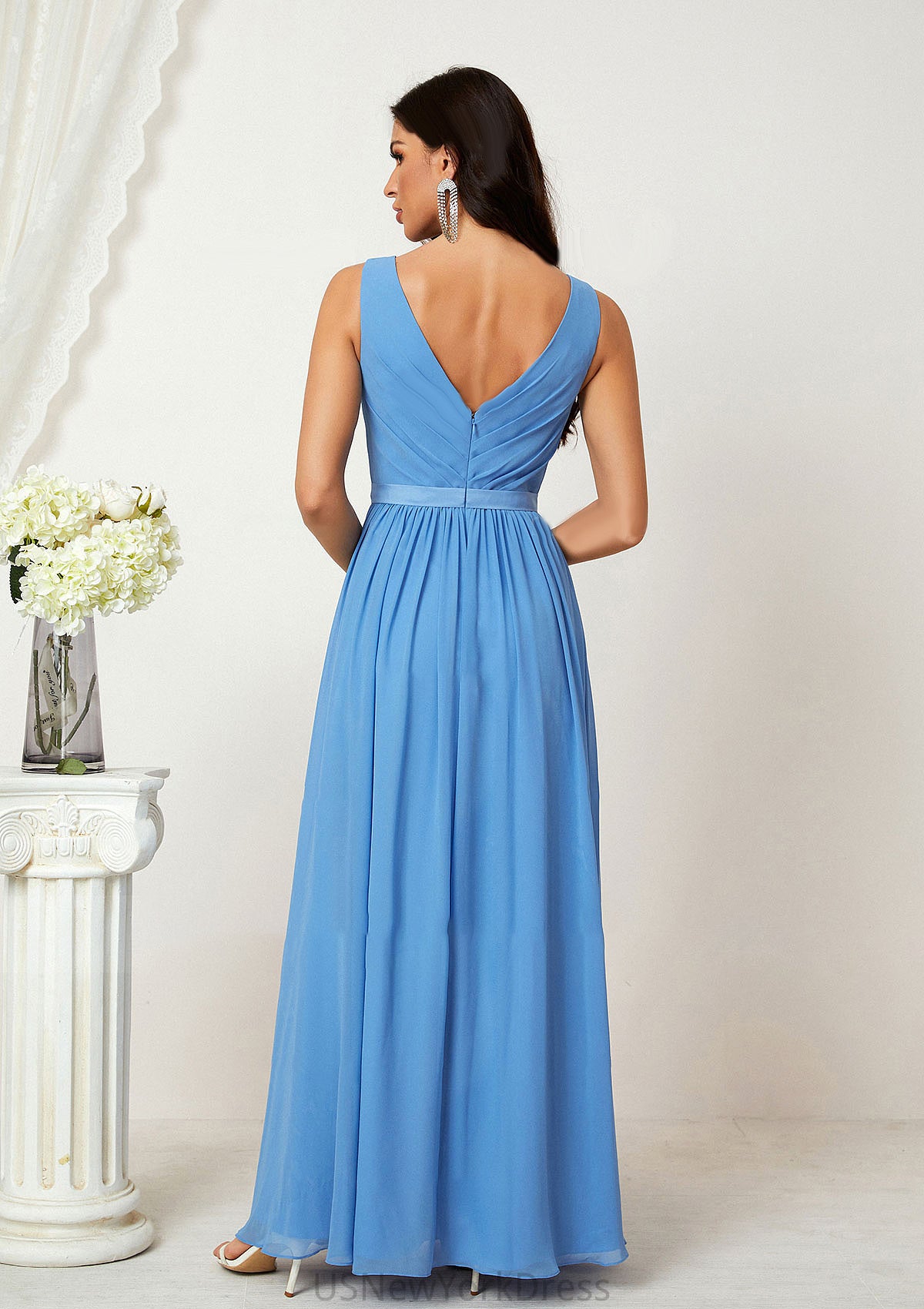 A-line V Neck Sleeveless Chiffon Long/Floor-Length Bridesmaid Dresses With Pleated Selina DJP0025360