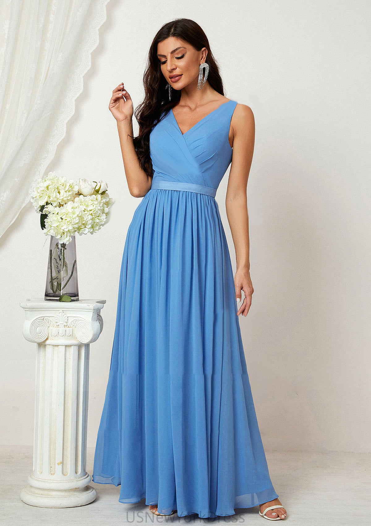 A-line V Neck Sleeveless Chiffon Long/Floor-Length Bridesmaid Dresses With Pleated Selina DJP0025360