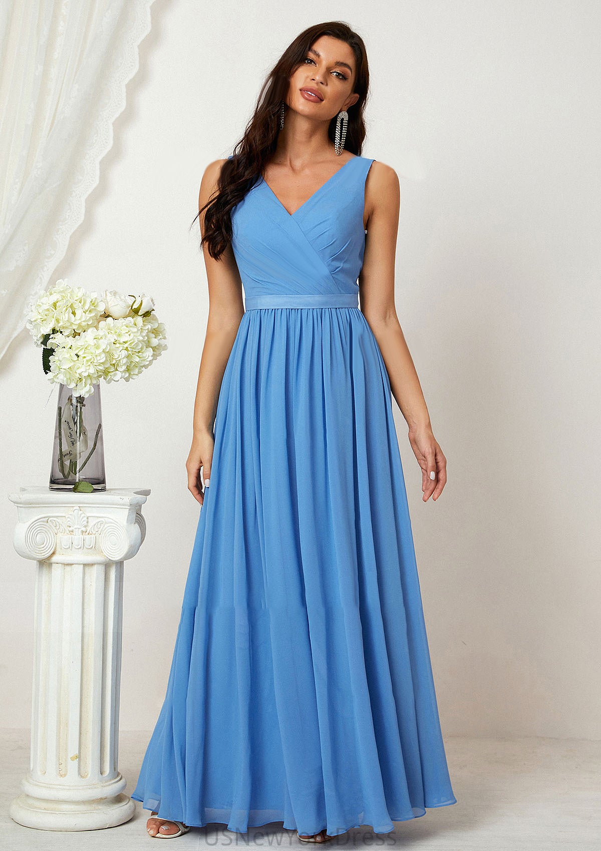 A-line V Neck Sleeveless Chiffon Long/Floor-Length Bridesmaid Dresses With Pleated Selina DJP0025360