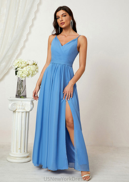 A-line V Neck Sleeveless Chiffon Long/Floor-Length Bridesmaid Dresses With Split Pleated Dana DJP0025362