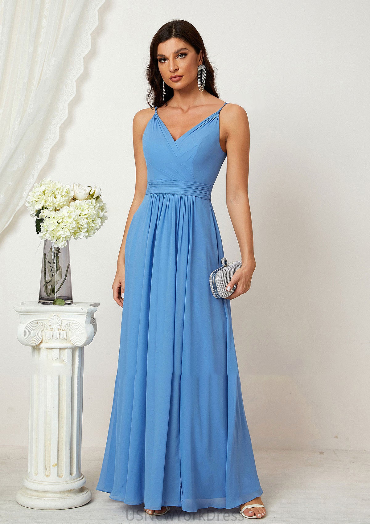 A-line V Neck Sleeveless Chiffon Long/Floor-Length Bridesmaid Dresses With Split Pleated Dana DJP0025362