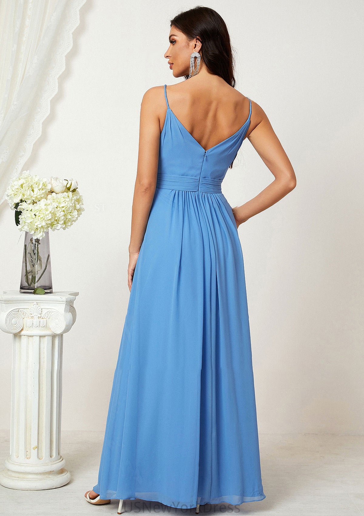 A-line V Neck Sleeveless Chiffon Long/Floor-Length Bridesmaid Dresses With Split Pleated Dana DJP0025362