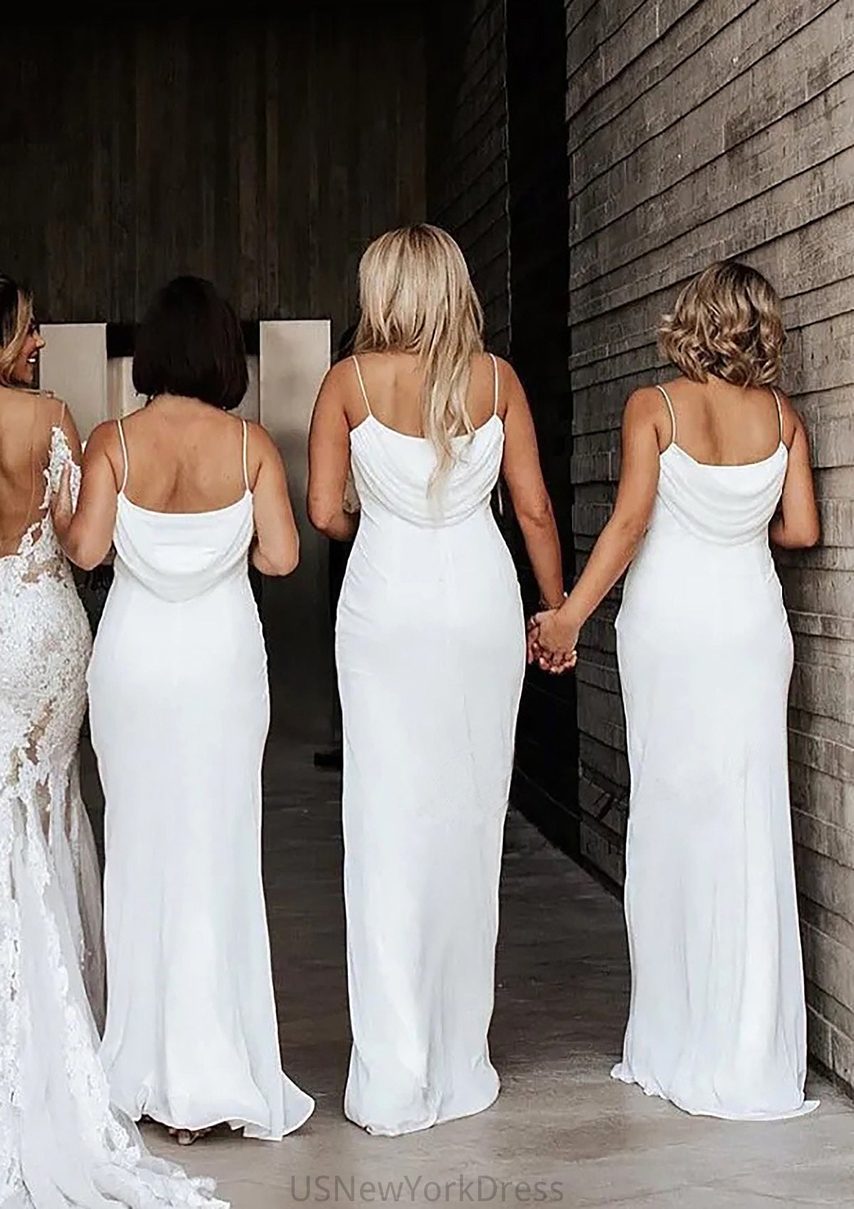 Sheath/Column Cowl Neck Spaghetti Straps Long/Floor-Length Satin Bridesmaid Dresses - Bridesmaid Dresses Jimena DJP0025363