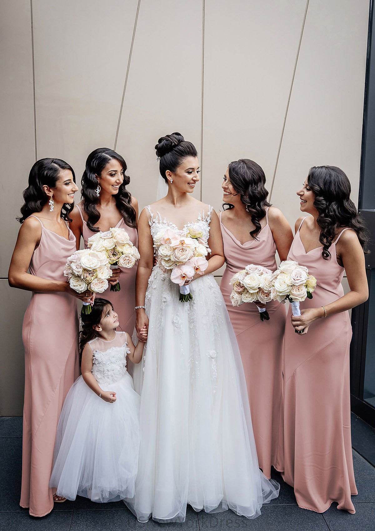 Sheath/Column Cowl Neck Spaghetti Straps Long/Floor-Length Satin Bridesmaid Dresses With Pleated Elliana DJP0025364