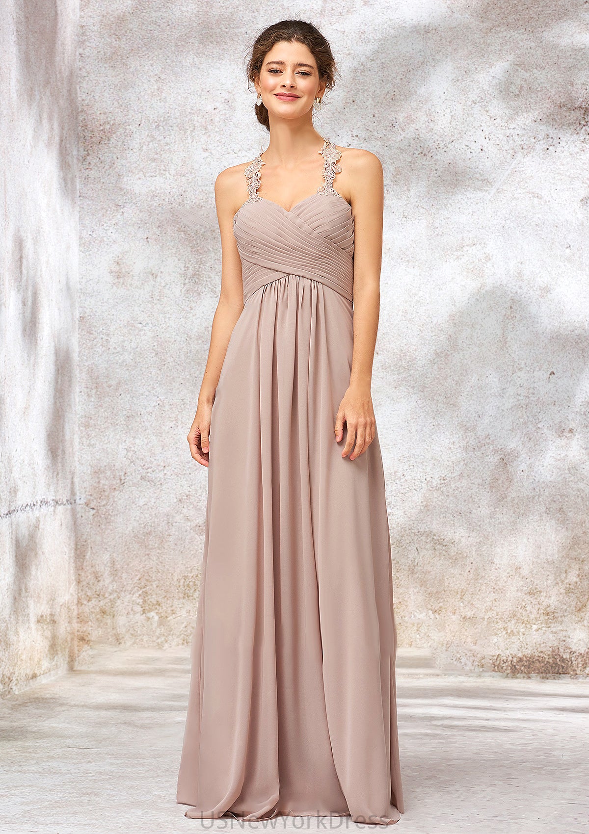 A-line Sweetheart Sleeveless Chiffon Long/Floor-Length Bridesmaid Dresses With Lace Pleated Gertrude DJP0025365