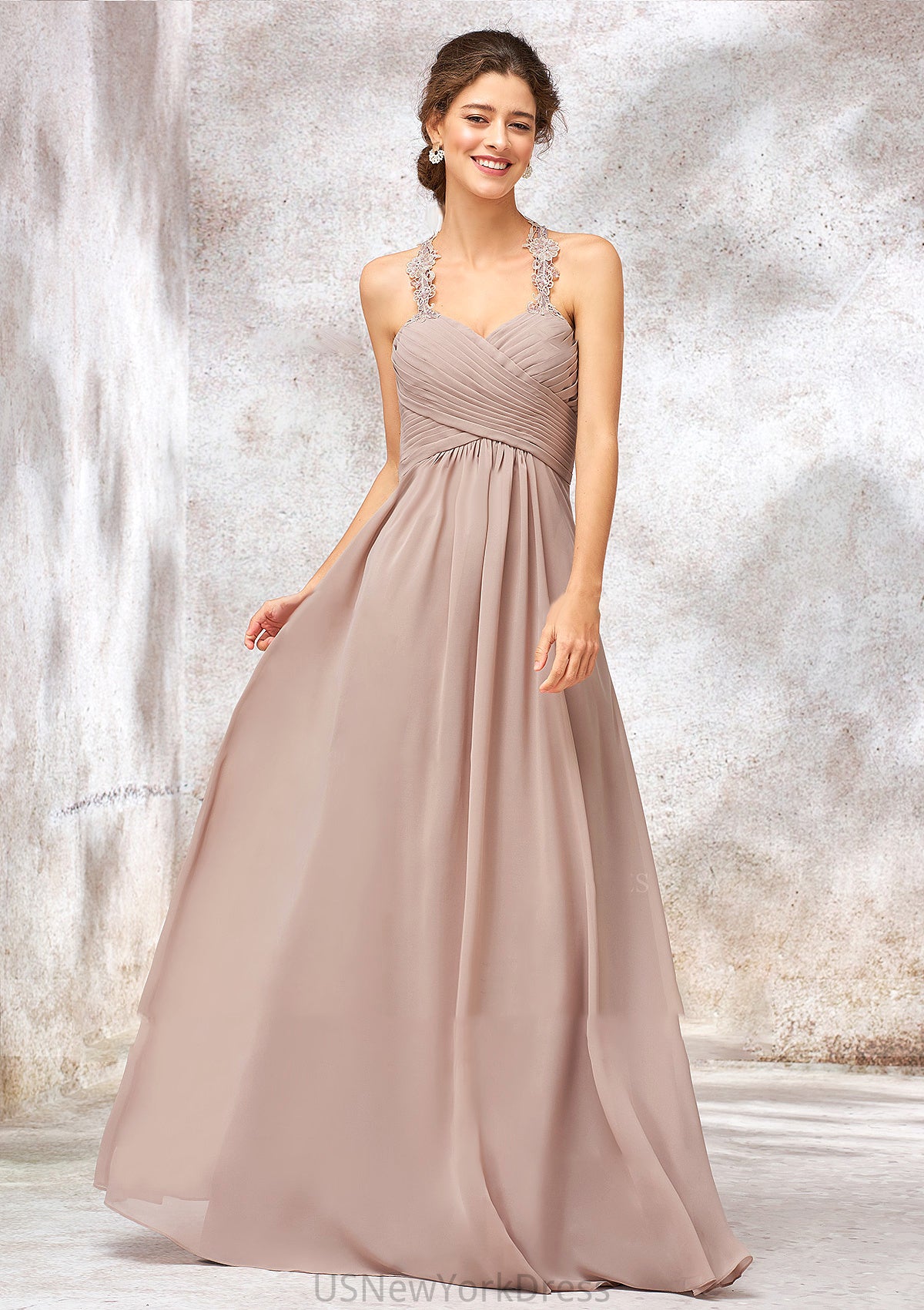 A-line Sweetheart Sleeveless Chiffon Long/Floor-Length Bridesmaid Dresses With Lace Pleated Gertrude DJP0025365