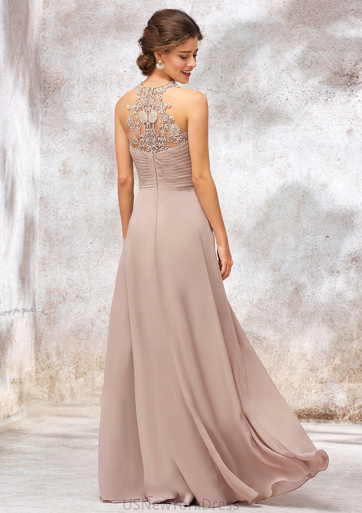 A-line Sweetheart Sleeveless Chiffon Long/Floor-Length Bridesmaid Dresses With Lace Pleated Gertrude DJP0025365