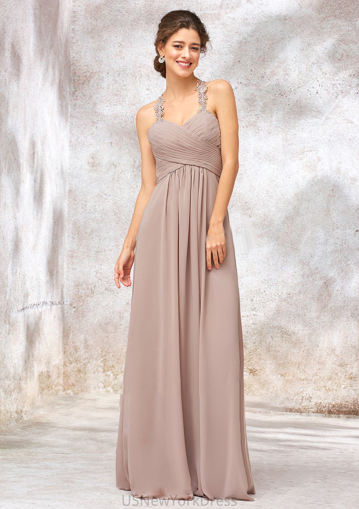 A-line Sweetheart Sleeveless Chiffon Long/Floor-Length Bridesmaid Dresses With Lace Pleated Gertrude DJP0025365