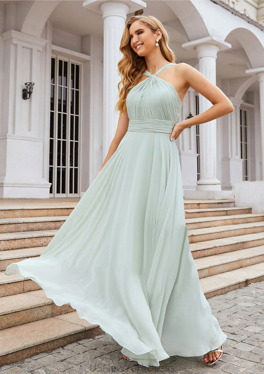 A-line Scalloped Neck Sleeveless Long/Floor-Length Chiffon Bridesmaid Dresses With Pleated Logan DJP0025366