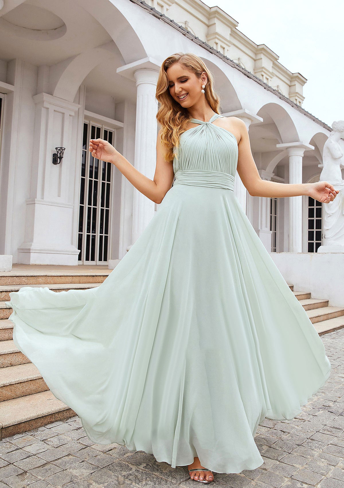 A-line Scalloped Neck Sleeveless Long/Floor-Length Chiffon Bridesmaid Dresses With Pleated Logan DJP0025366