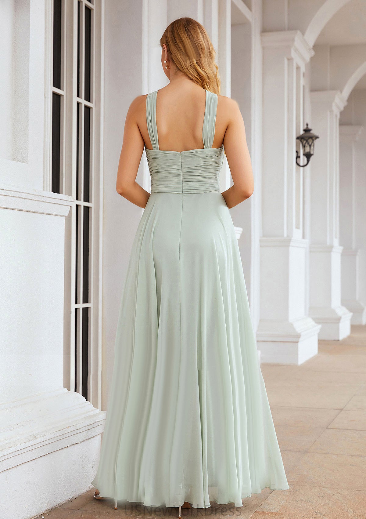 A-line Scalloped Neck Sleeveless Long/Floor-Length Chiffon Bridesmaid Dresses With Pleated Logan DJP0025366