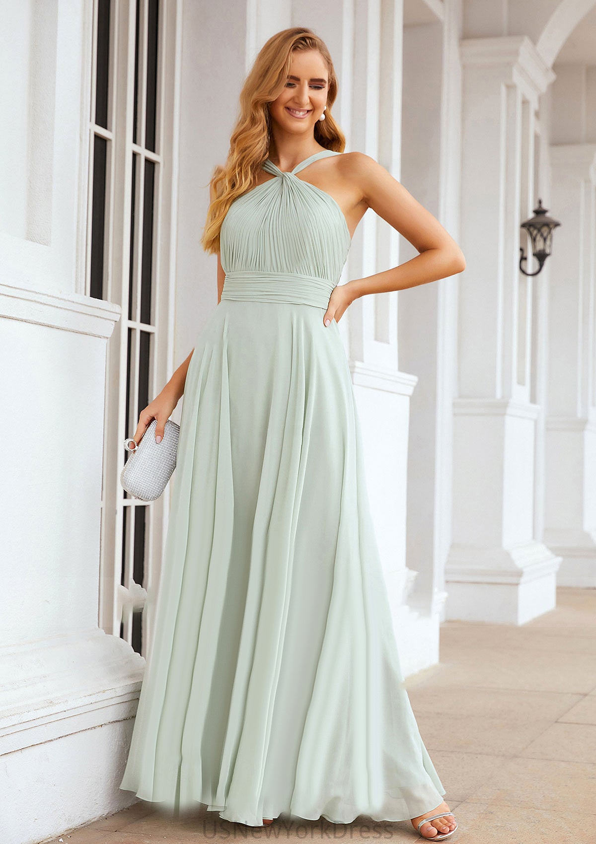 A-line Scalloped Neck Sleeveless Long/Floor-Length Chiffon Bridesmaid Dresses With Pleated Logan DJP0025366