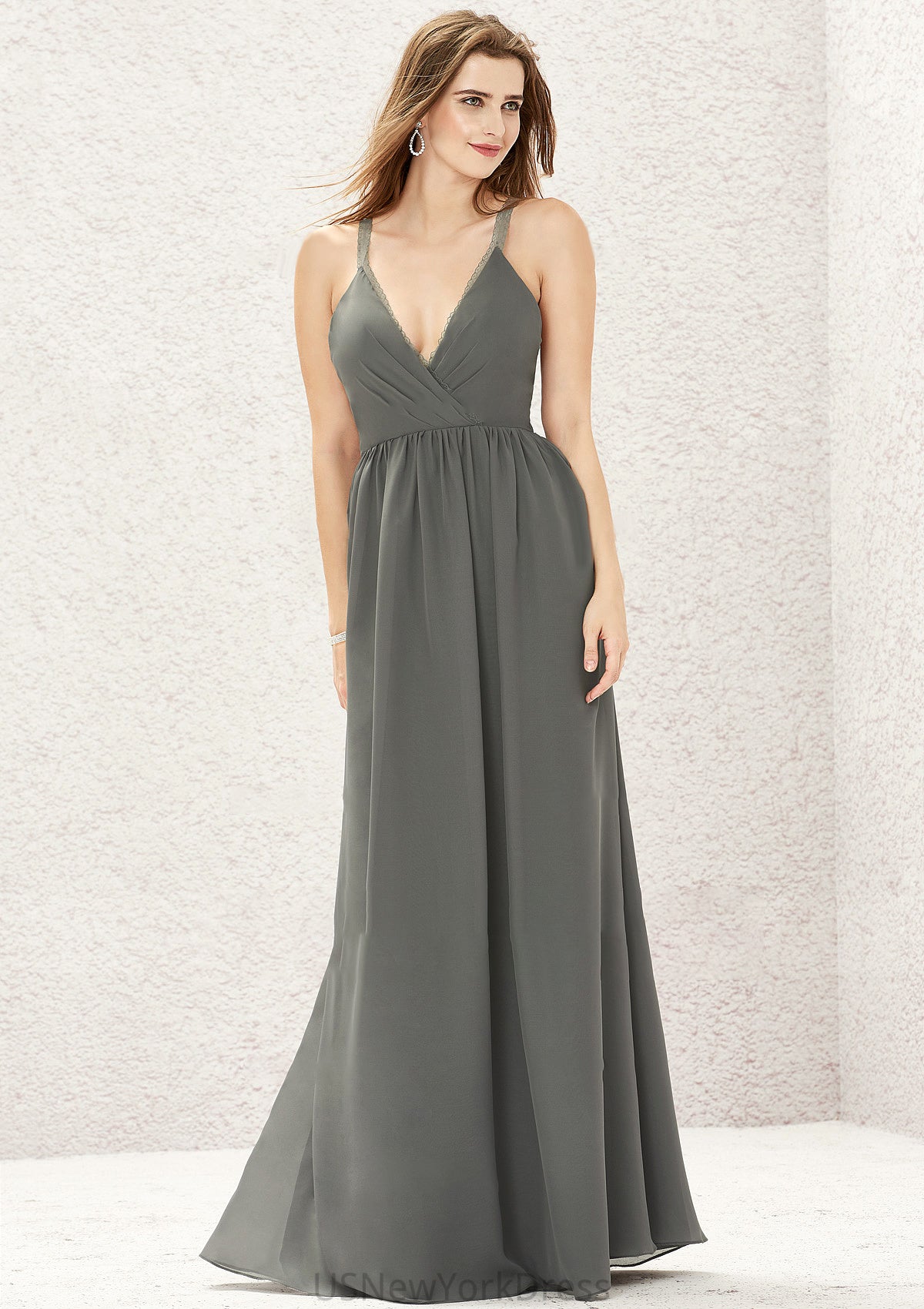 A-line V Neck Sleeveless Chiffon Long/Floor-Length Bridesmaid Dresses With Pleated Lace Brylee DJP0025367