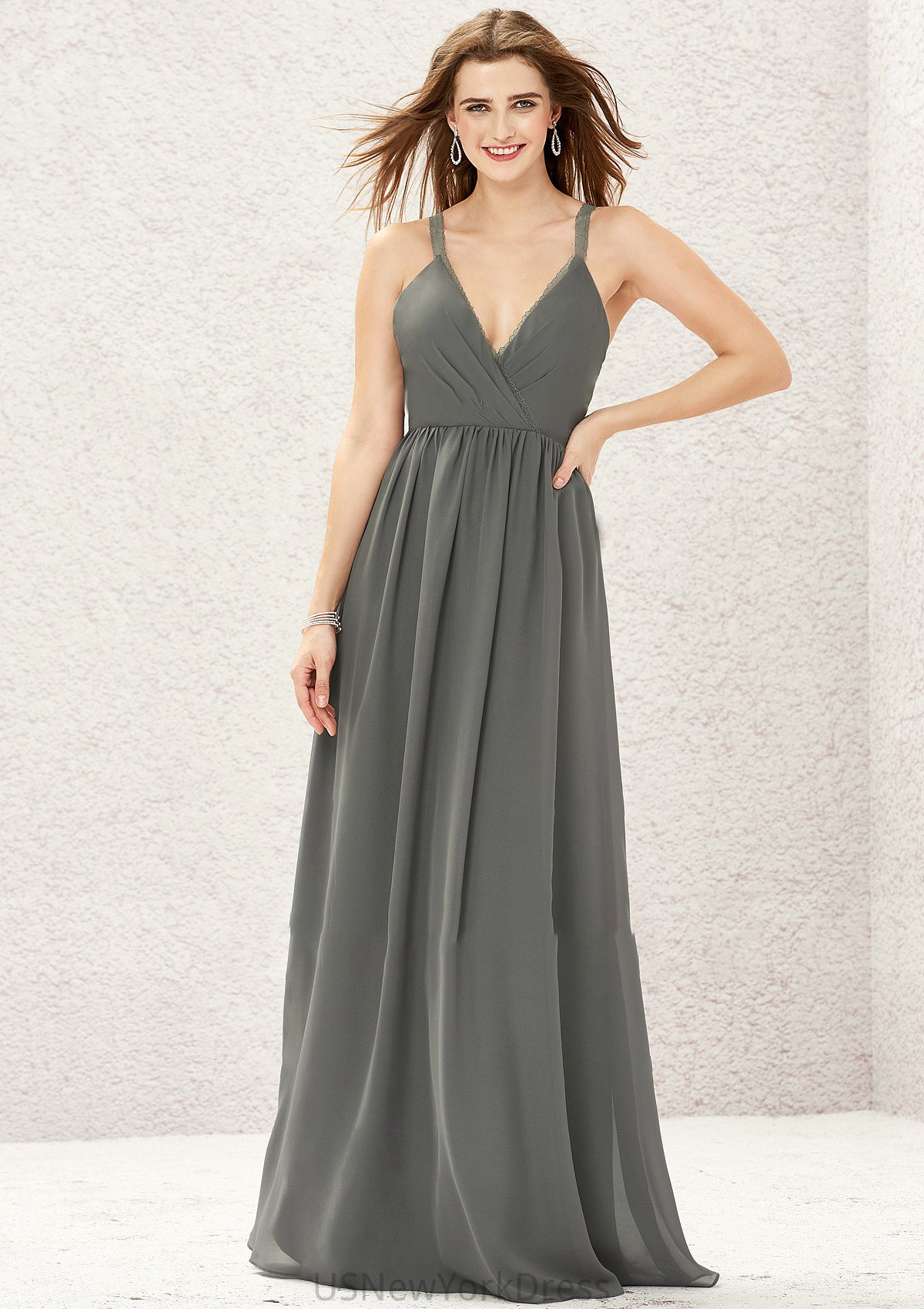 A-line V Neck Sleeveless Chiffon Long/Floor-Length Bridesmaid Dresses With Pleated Lace Brylee DJP0025367