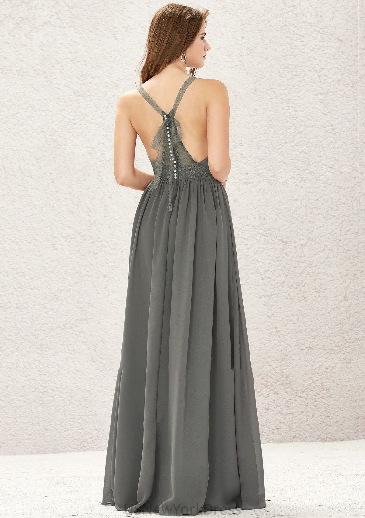 A-line V Neck Sleeveless Chiffon Long/Floor-Length Bridesmaid Dresses With Pleated Lace Brylee DJP0025367