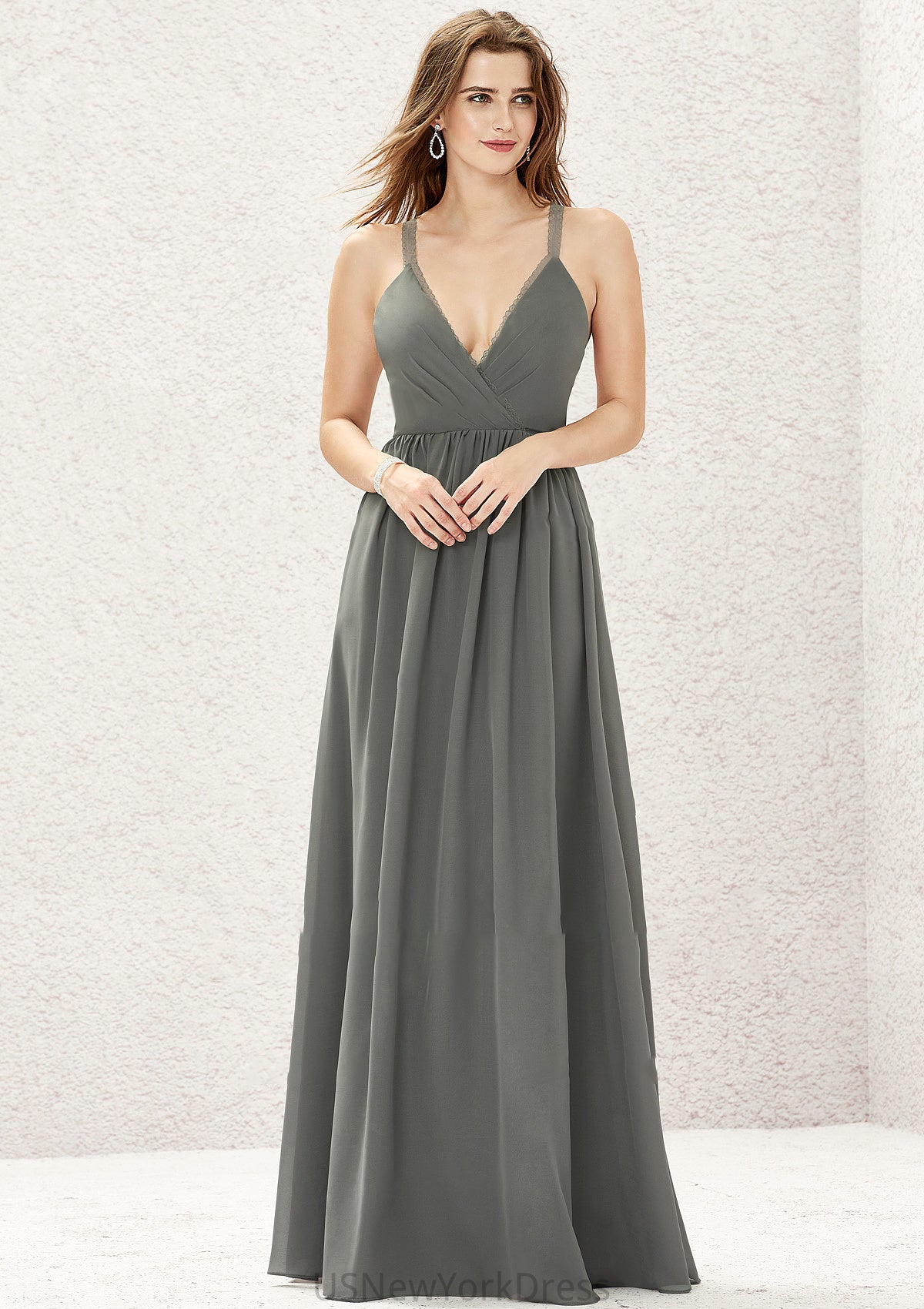 A-line V Neck Sleeveless Chiffon Long/Floor-Length Bridesmaid Dresses With Pleated Lace Brylee DJP0025367