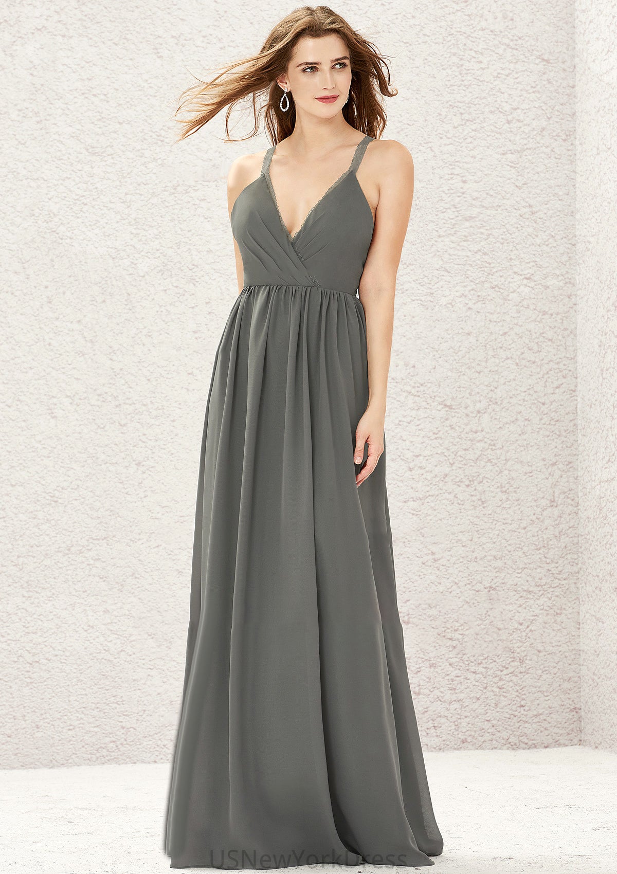 A-line V Neck Sleeveless Chiffon Long/Floor-Length Bridesmaid Dresses With Pleated Lace Brylee DJP0025367