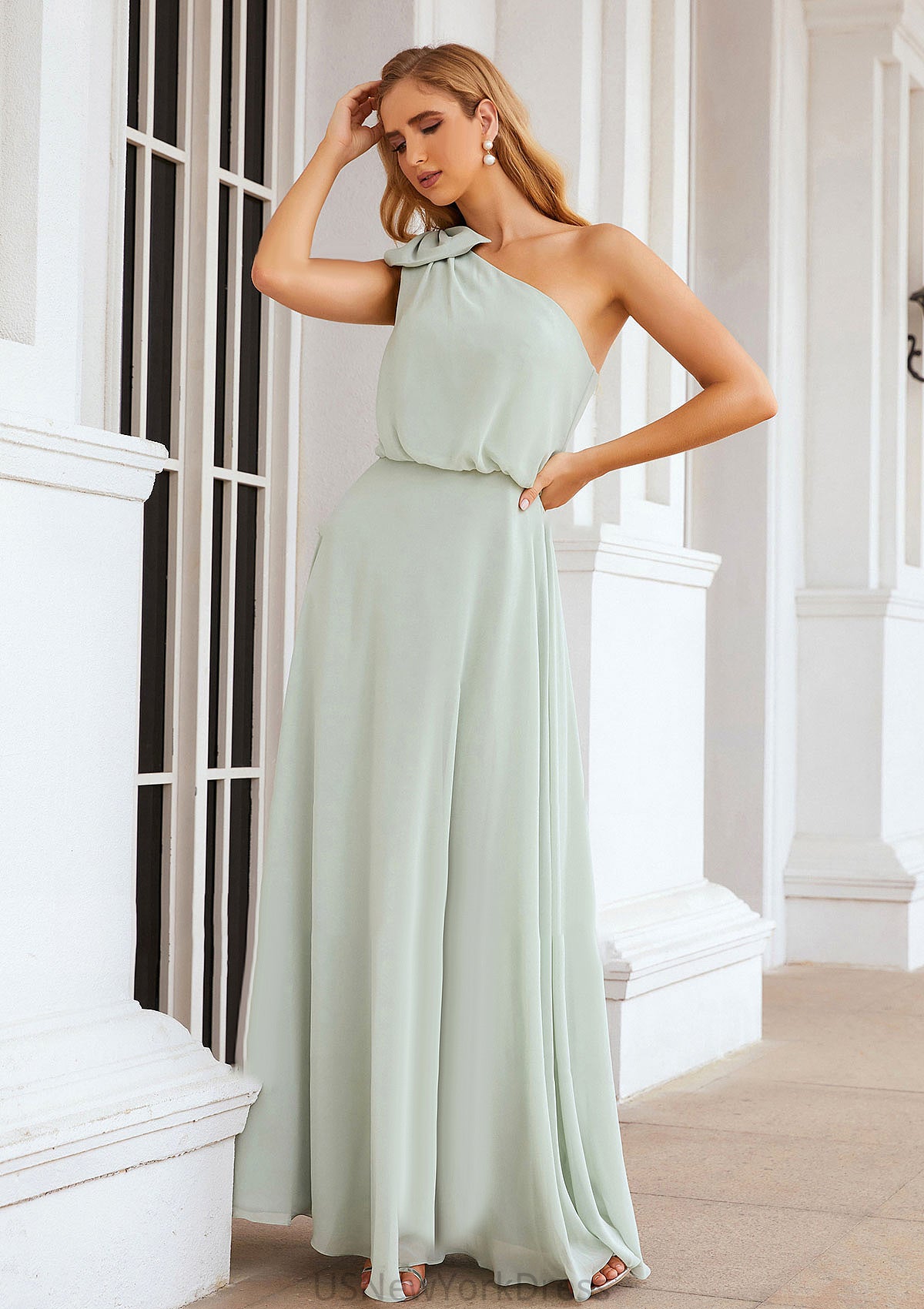 A-line One-Shoulder Sleeveless Long/Floor-Length Chiffon Bridesmaid Dresses With Shoulder Flower Jordin DJP0025369