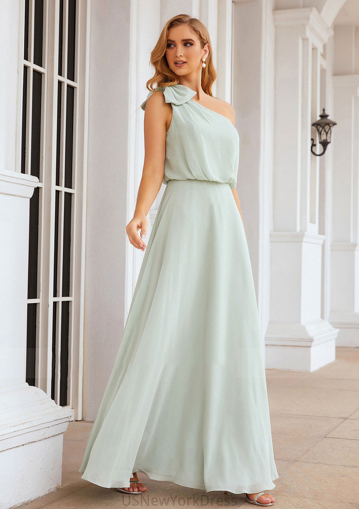 A-line One-Shoulder Sleeveless Long/Floor-Length Chiffon Bridesmaid Dresses With Shoulder Flower Jordin DJP0025369