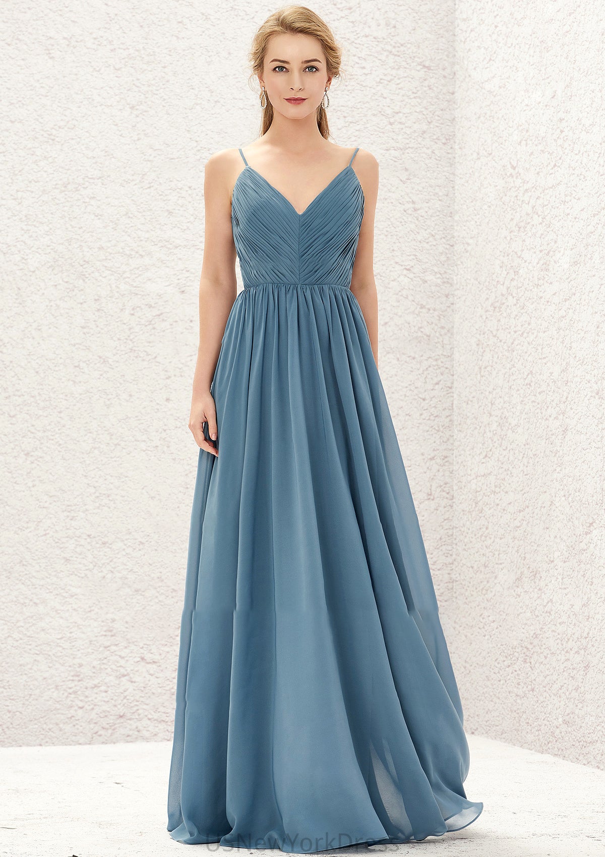 A-line V Neck Sleeveless Chiffon Long/Floor-Length Bridesmaid Dresses With Pleated Mckenzie DJP0025370