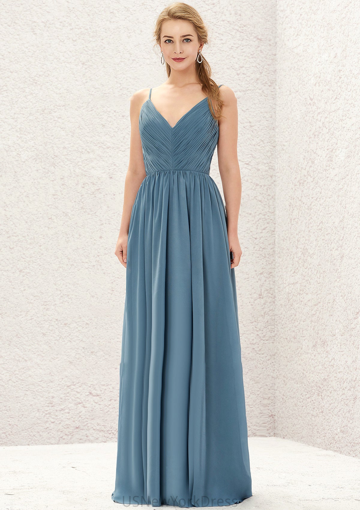 A-line V Neck Sleeveless Chiffon Long/Floor-Length Bridesmaid Dresses With Pleated Mckenzie DJP0025370