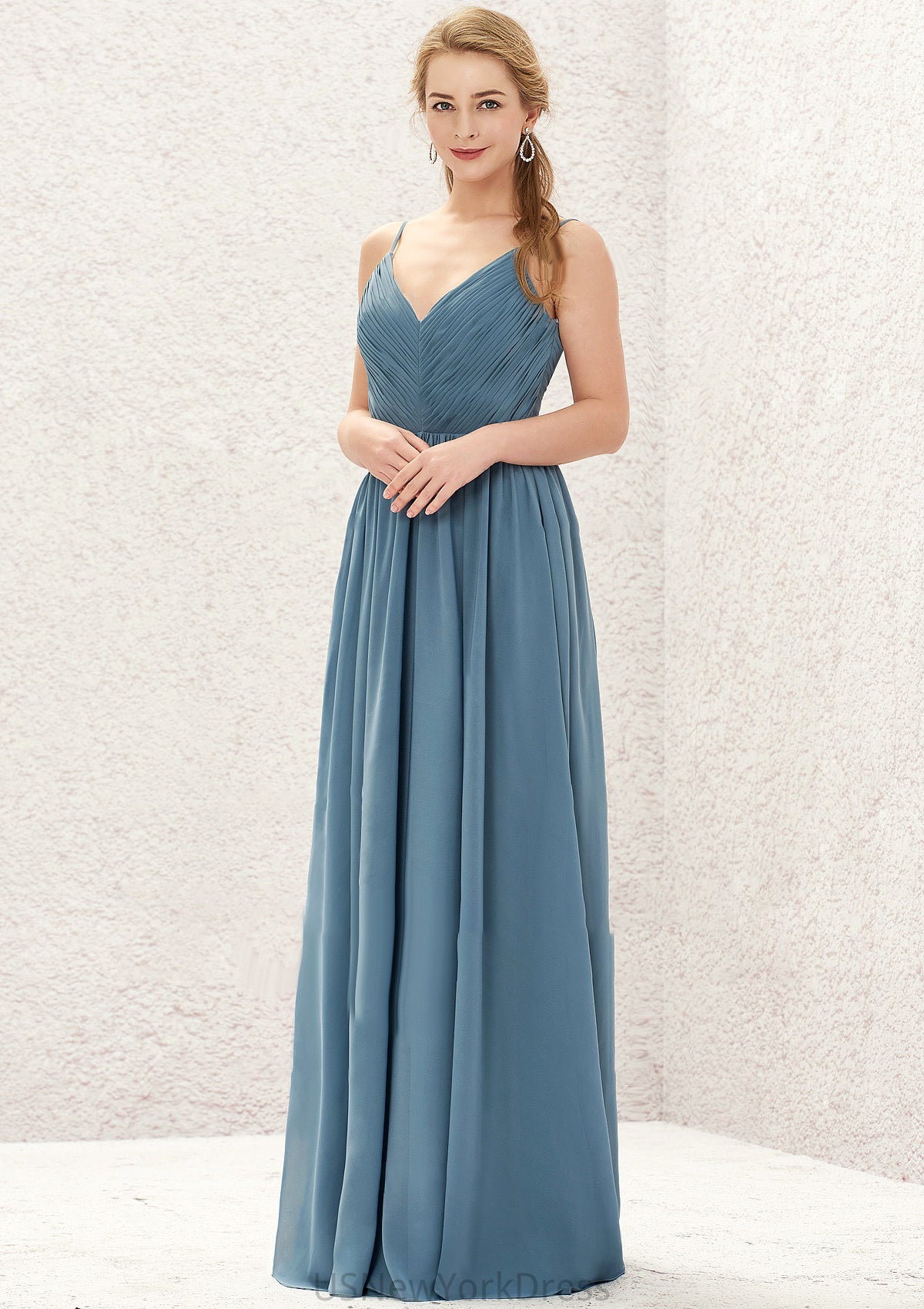 A-line V Neck Sleeveless Chiffon Long/Floor-Length Bridesmaid Dresses With Pleated Mckenzie DJP0025370