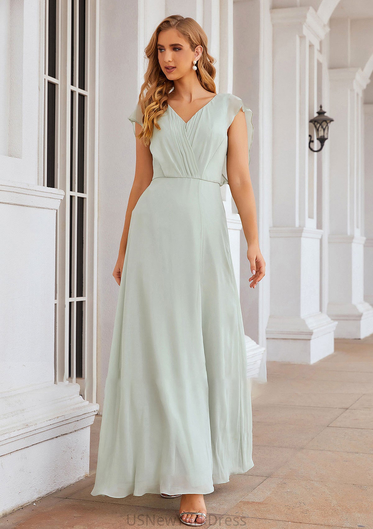 A-line V Neck Sleeveless Long/Floor-Length Chiffon Bridesmaid Dresses With Pleated Split Siena DJP0025372