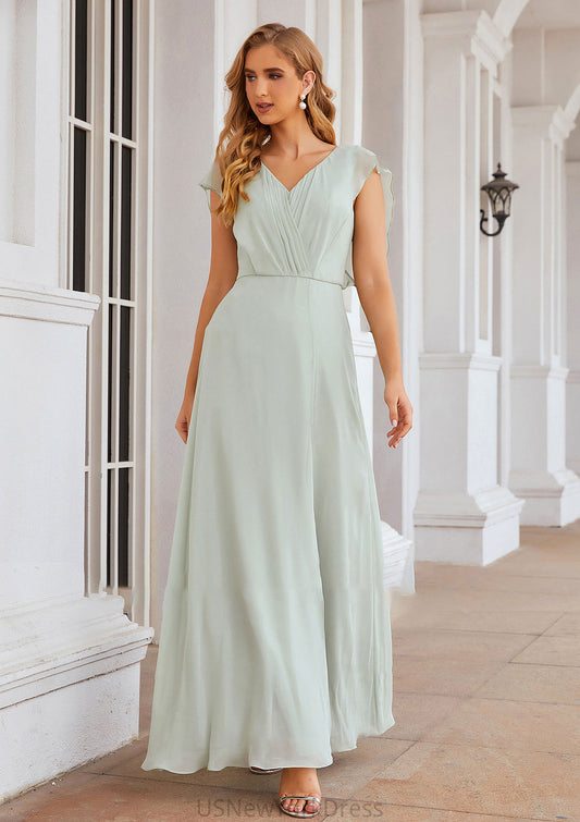 A-line V Neck Sleeveless Long/Floor-Length Chiffon Bridesmaid Dresses With Pleated Split Siena DJP0025372