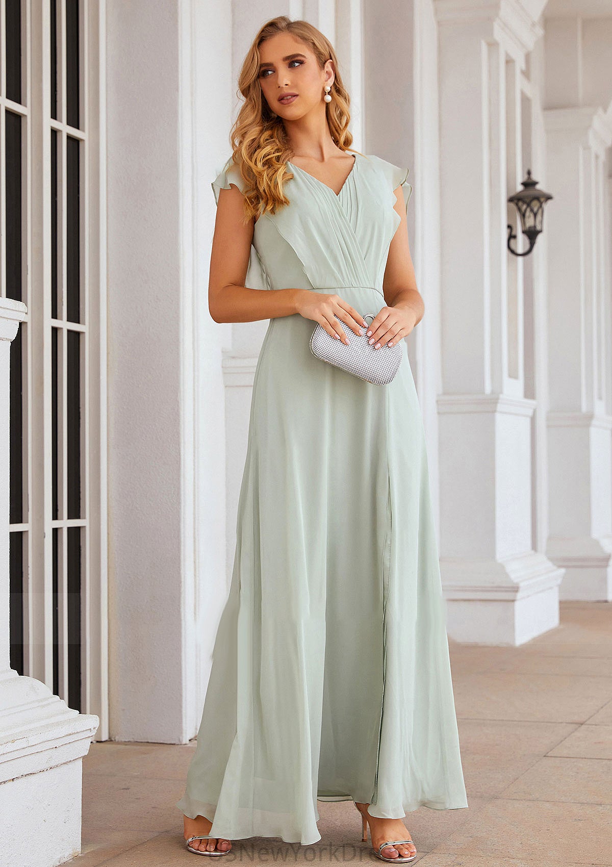 A-line V Neck Sleeveless Long/Floor-Length Chiffon Bridesmaid Dresses With Pleated Split Siena DJP0025372