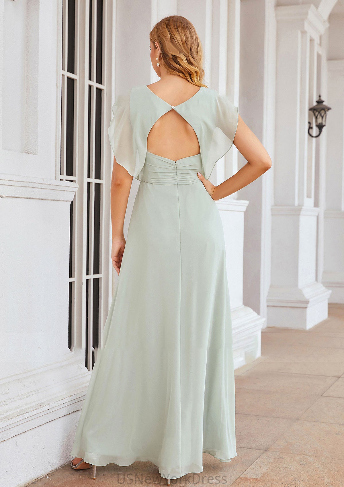 A-line V Neck Sleeveless Long/Floor-Length Chiffon Bridesmaid Dresses With Pleated Split Siena DJP0025372