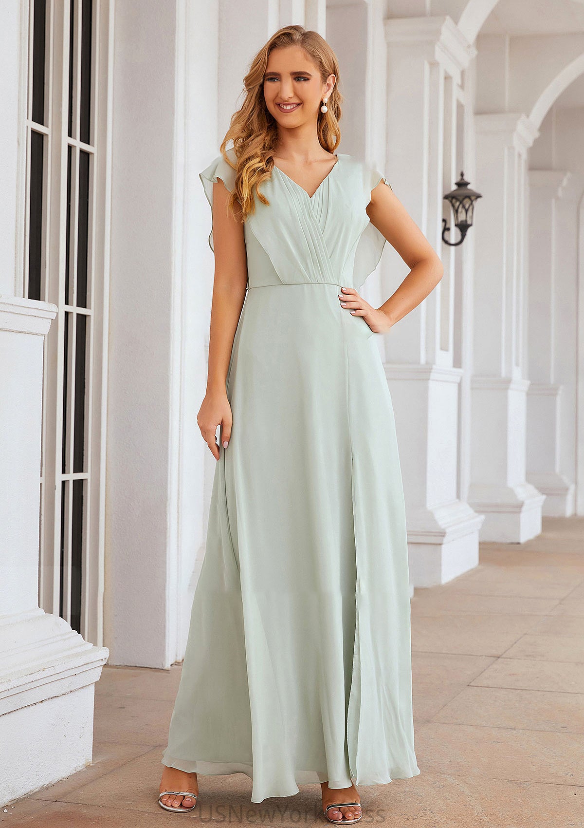 A-line V Neck Sleeveless Long/Floor-Length Chiffon Bridesmaid Dresses With Pleated Split Siena DJP0025372