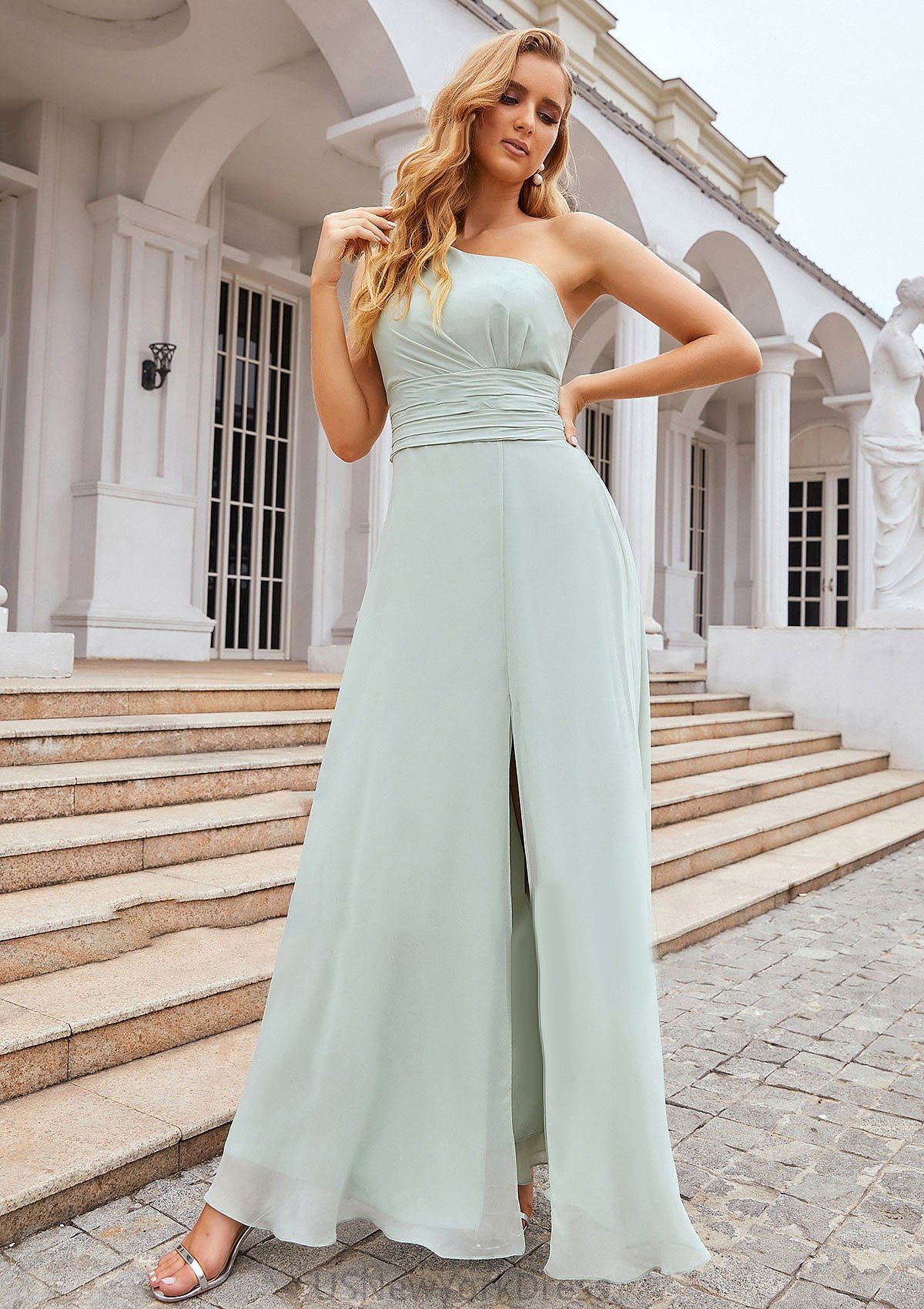 Sheath/Column One-Shoulder Sleeveless Long Chiffon Bridesmaid Dresseses With Pleated Waistband Split Aryanna DJP0025373