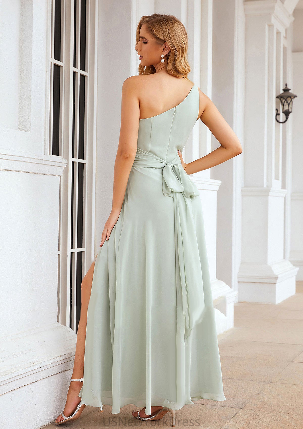 Sheath/Column One-Shoulder Sleeveless Long Chiffon Bridesmaid Dresseses With Pleated Waistband Split Aryanna DJP0025373