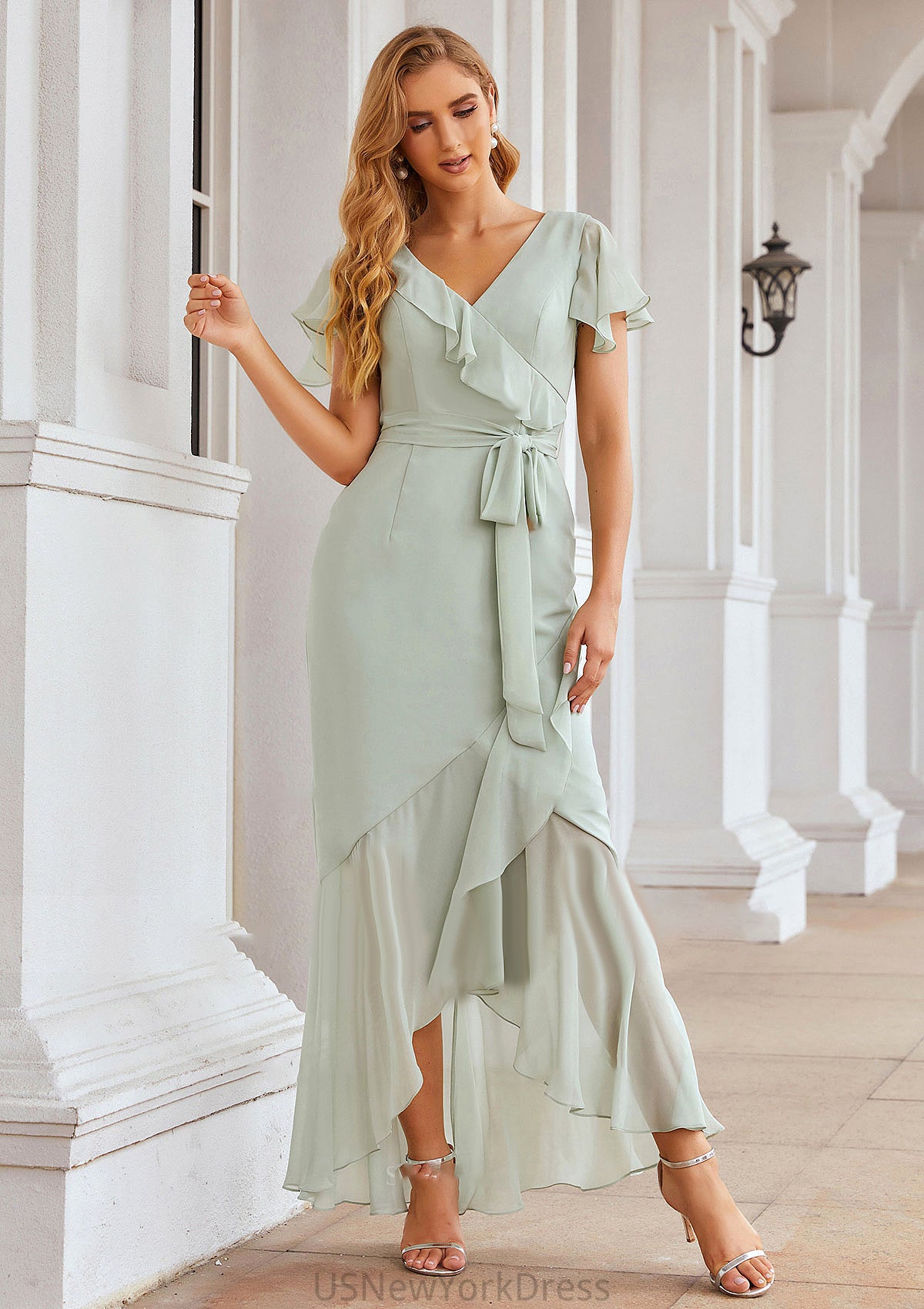 Sheath/Column V Neck Short Sleeve Asymmetrical Chiffon Bridesmaid Dresses With Ruffles Waistband Split Norah DJP0025375