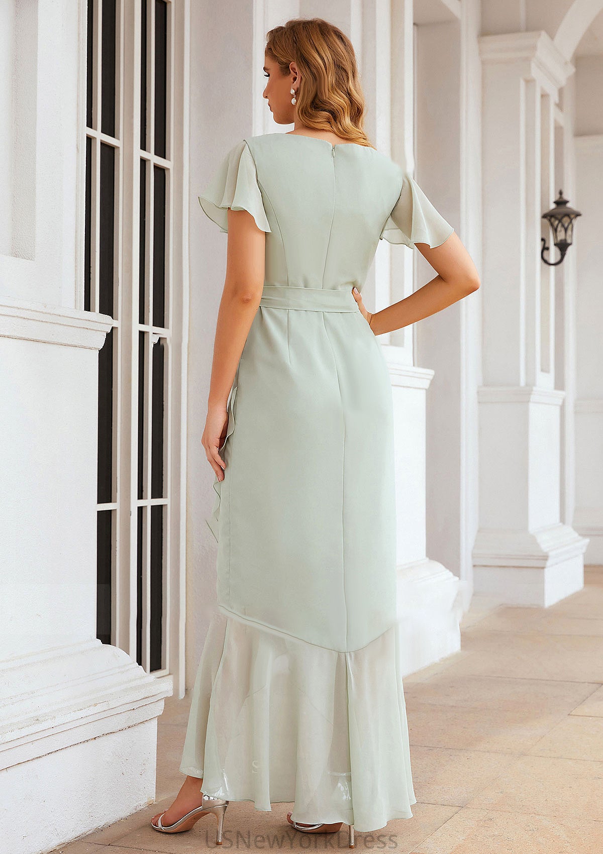 Sheath/Column V Neck Short Sleeve Asymmetrical Chiffon Bridesmaid Dresses With Ruffles Waistband Split Norah DJP0025375