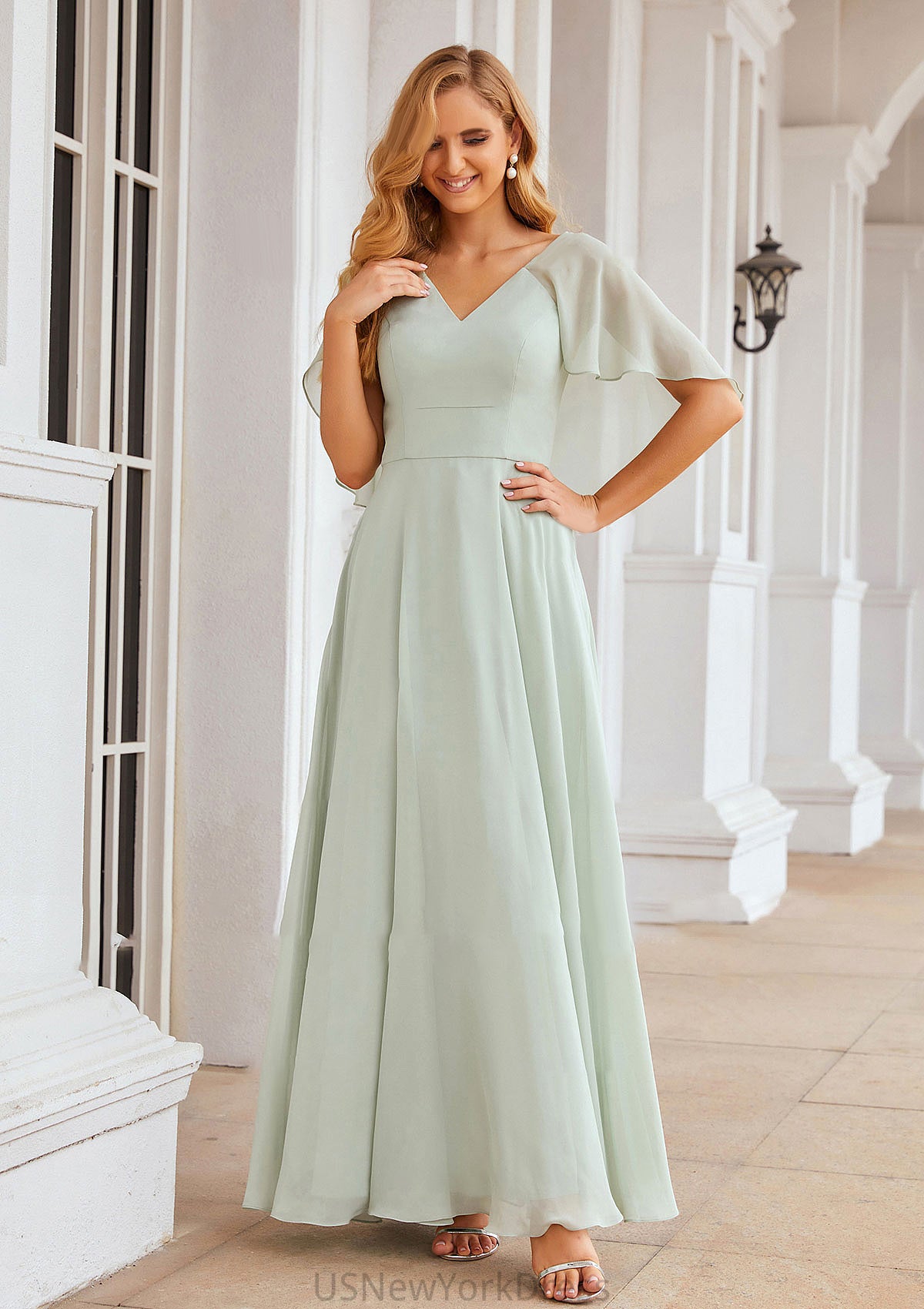 A-line V Neck Short Sleeve Long/Floor-Length Chiffon Bridesmaid Dresses Nova DJP0025376