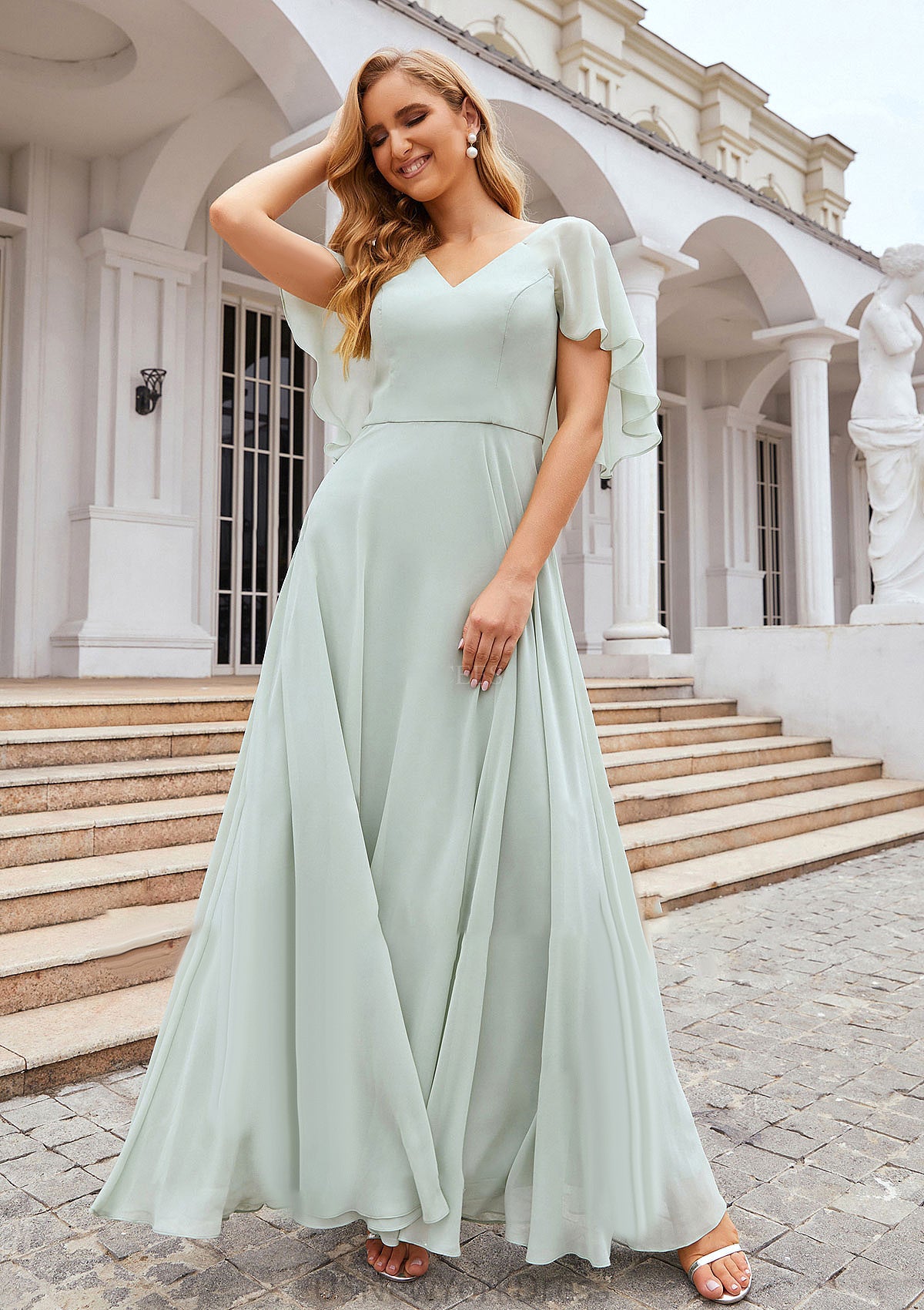 A-line V Neck Short Sleeve Long/Floor-Length Chiffon Bridesmaid Dresses Nova DJP0025376