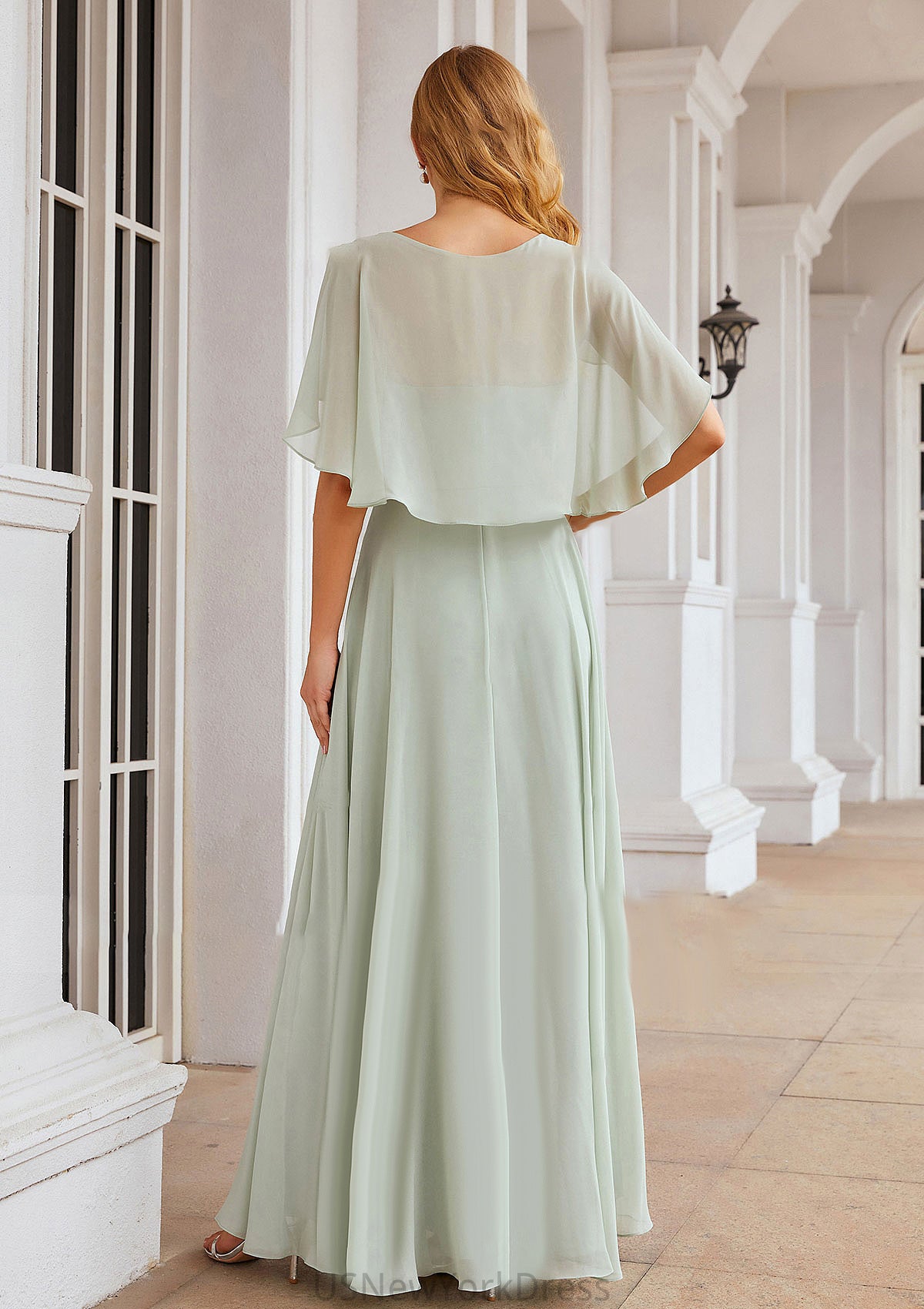 A-line V Neck Short Sleeve Long/Floor-Length Chiffon Bridesmaid Dresses Nova DJP0025376