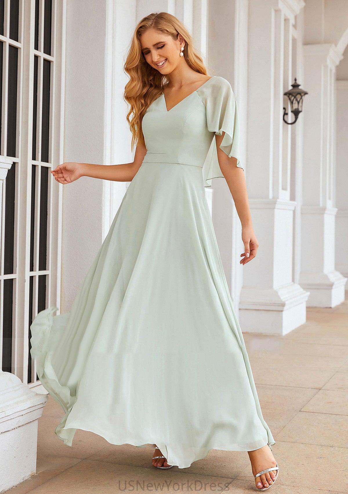 A-line V Neck Short Sleeve Long/Floor-Length Chiffon Bridesmaid Dresses Nova DJP0025376