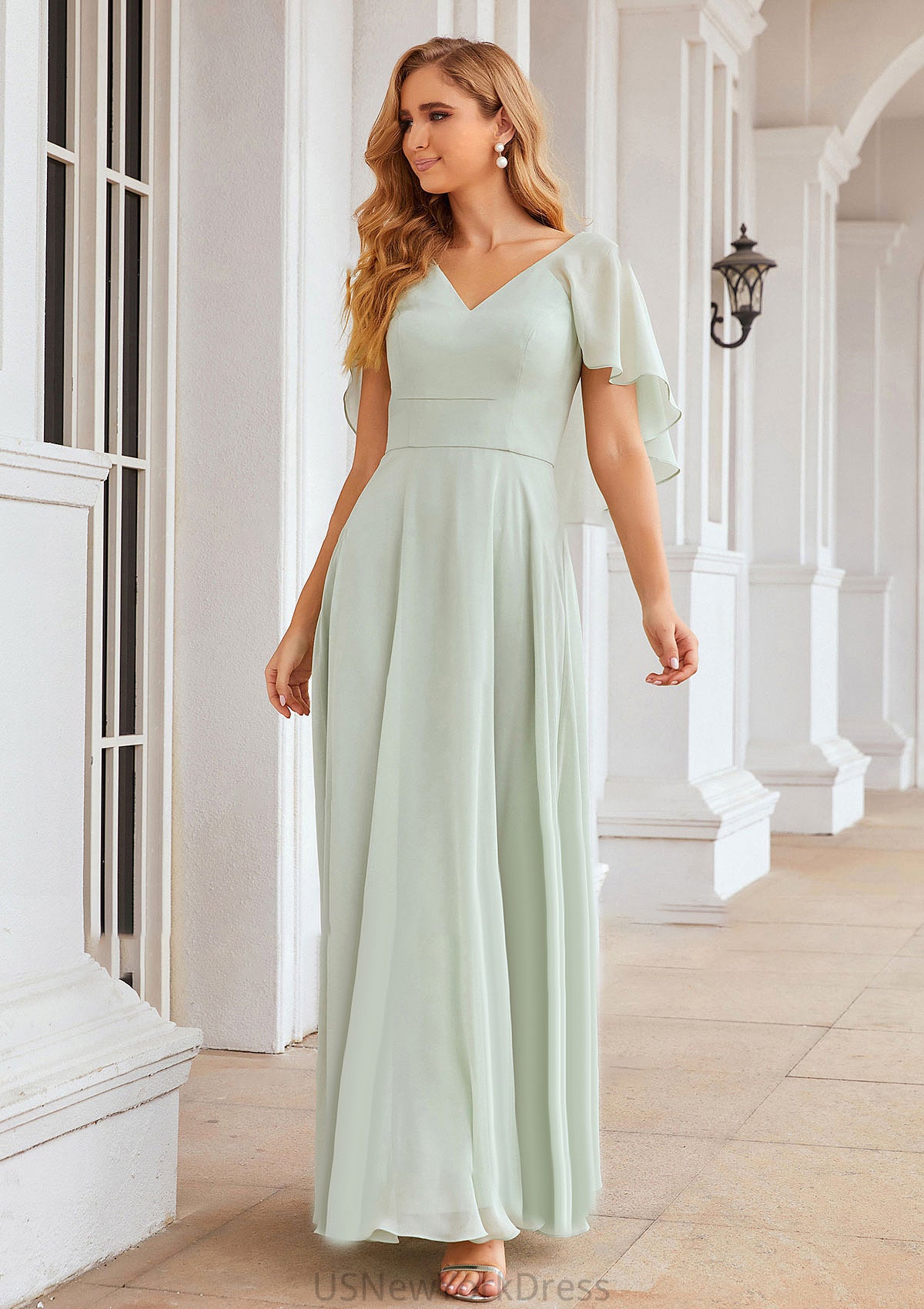 A-line V Neck Short Sleeve Long/Floor-Length Chiffon Bridesmaid Dresses Nova DJP0025376