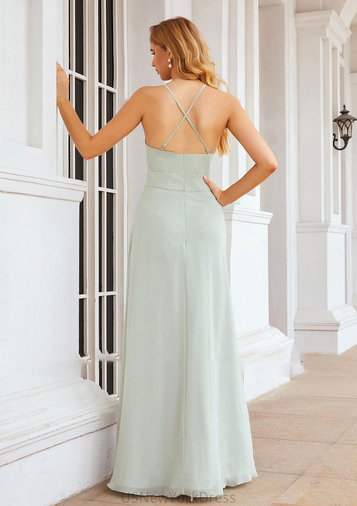 A-line Scoop Neck Sleeveless Long/Floor-Length Chiffon Bridesmaid Dresses With Pleated Pockets Maritza DJP0025378