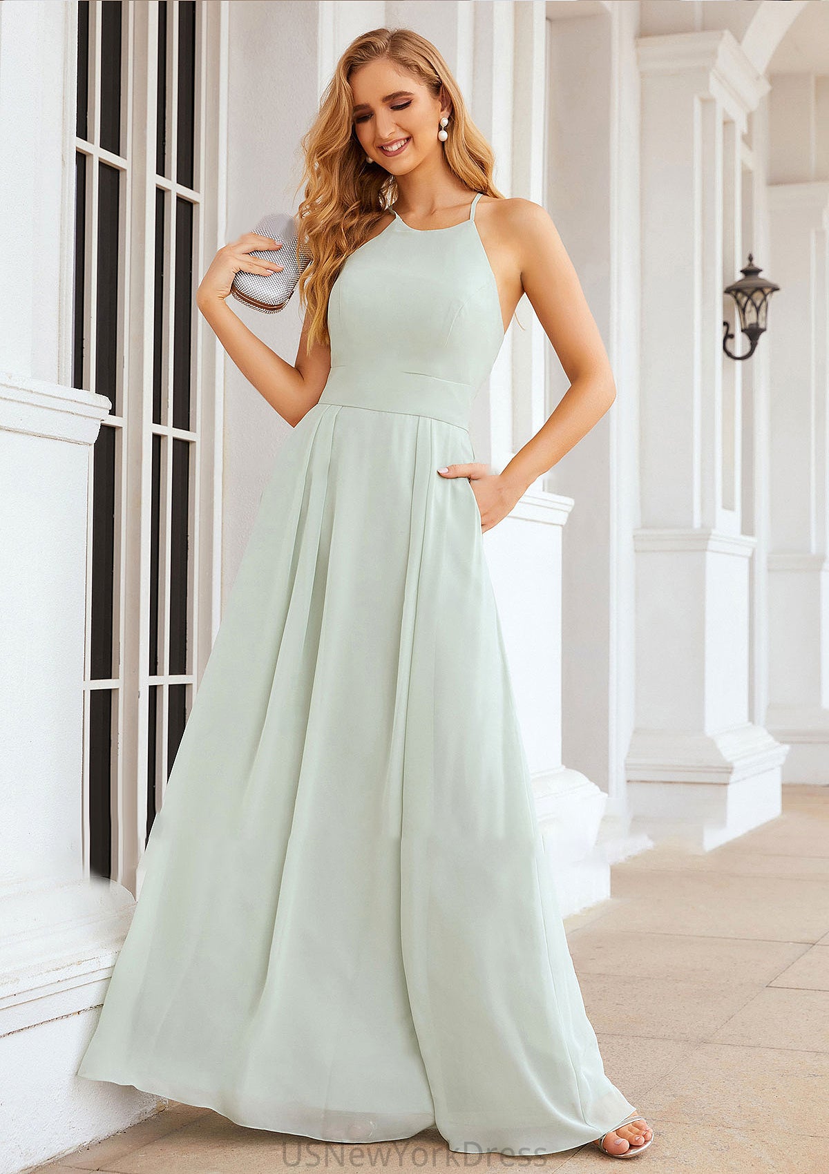 A-line Scoop Neck Sleeveless Long/Floor-Length Chiffon Bridesmaid Dresses With Pleated Pockets Maritza DJP0025378