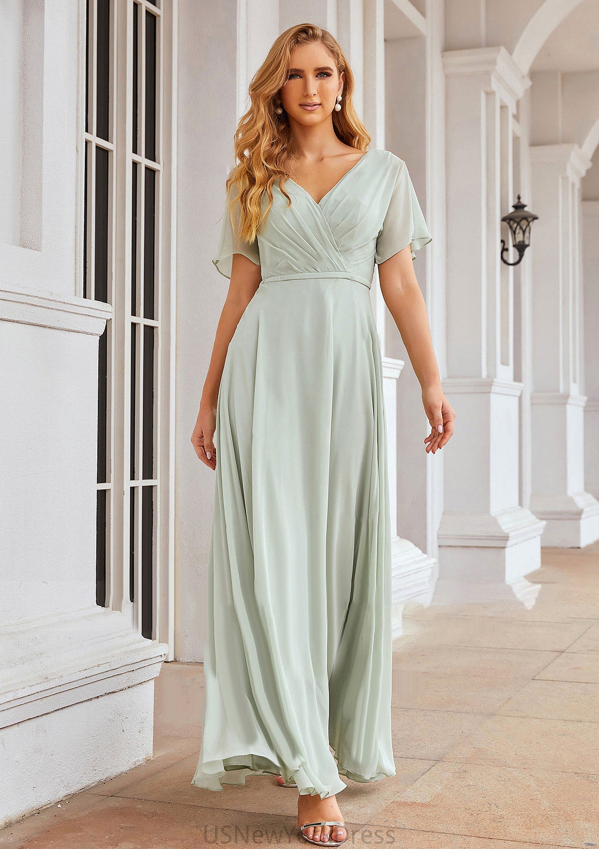 A-line V Neck Short Sleeve Chiffon Long/Floor-Length Bridesmaid Dresses With Pleated Waistband Hillary DJP0025381