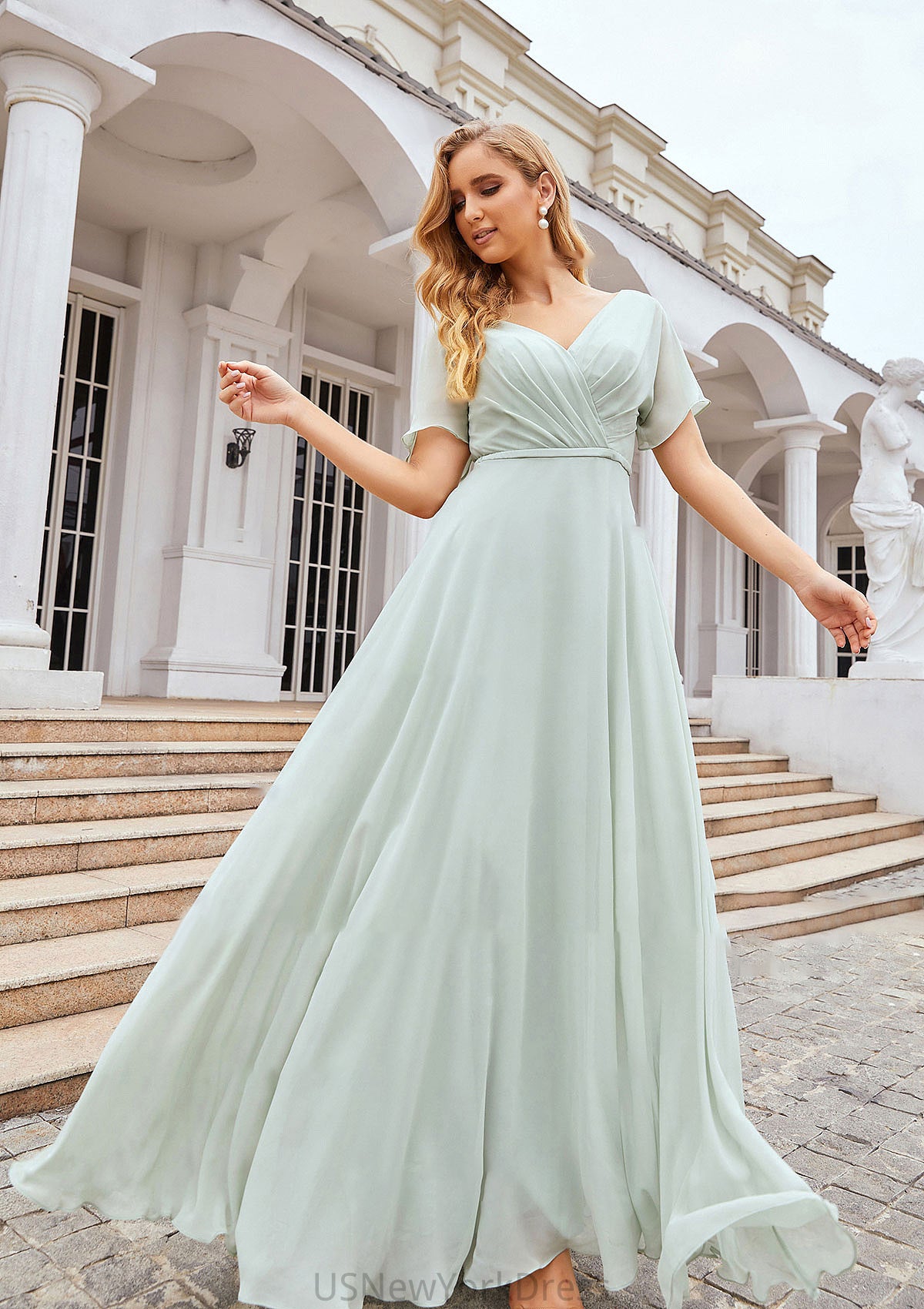 A-line V Neck Short Sleeve Chiffon Long/Floor-Length Bridesmaid Dresses With Pleated Waistband Hillary DJP0025381