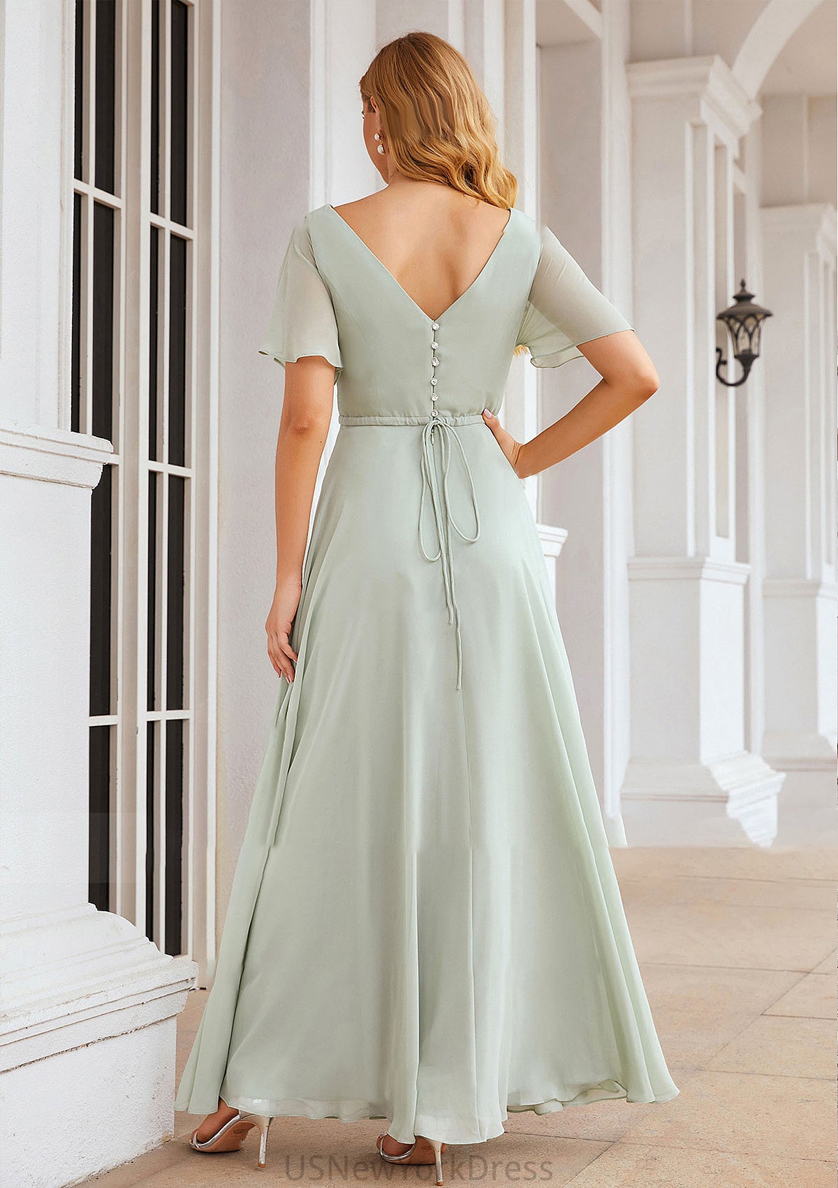 A-line V Neck Short Sleeve Chiffon Long/Floor-Length Bridesmaid Dresses With Pleated Waistband Hillary DJP0025381