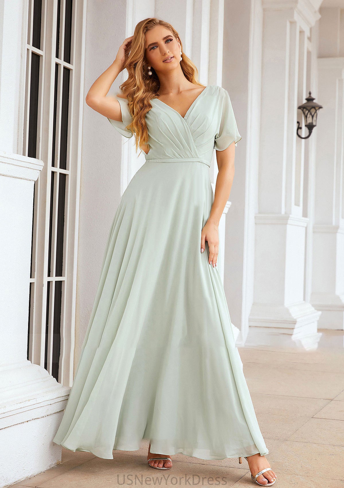 A-line V Neck Short Sleeve Chiffon Long/Floor-Length Bridesmaid Dresses With Pleated Waistband Hillary DJP0025381