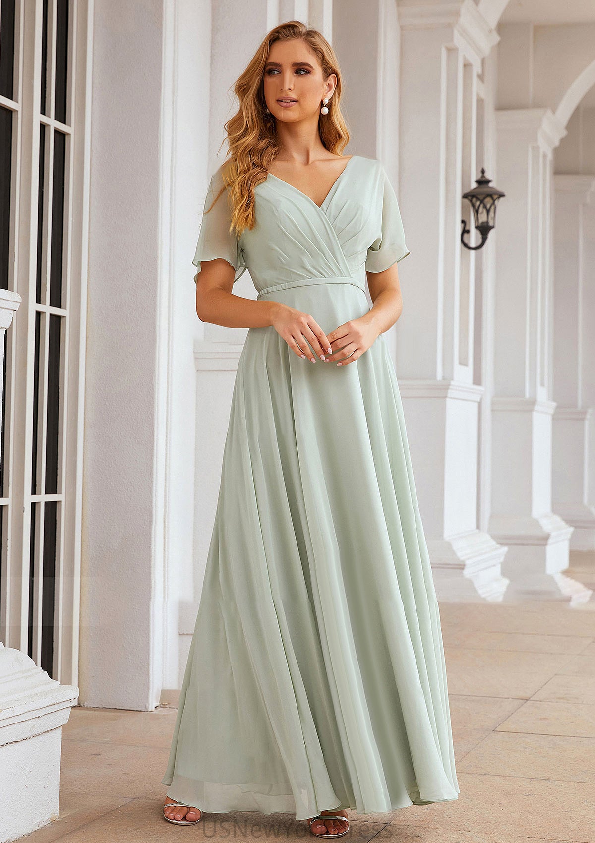 A-line V Neck Short Sleeve Chiffon Long/Floor-Length Bridesmaid Dresses With Pleated Waistband Hillary DJP0025381